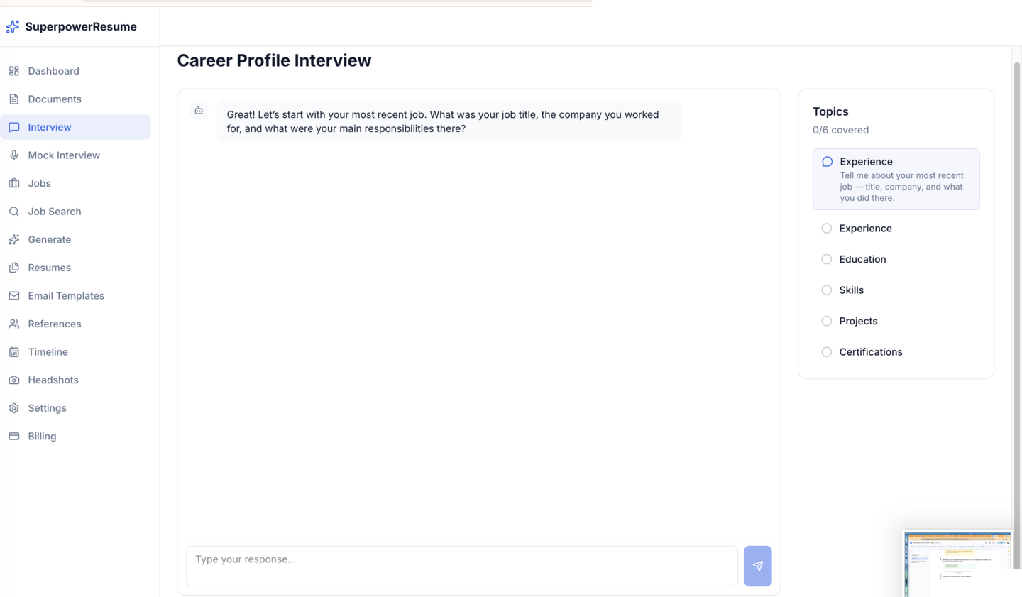 Career profile interview with AI asking about experience